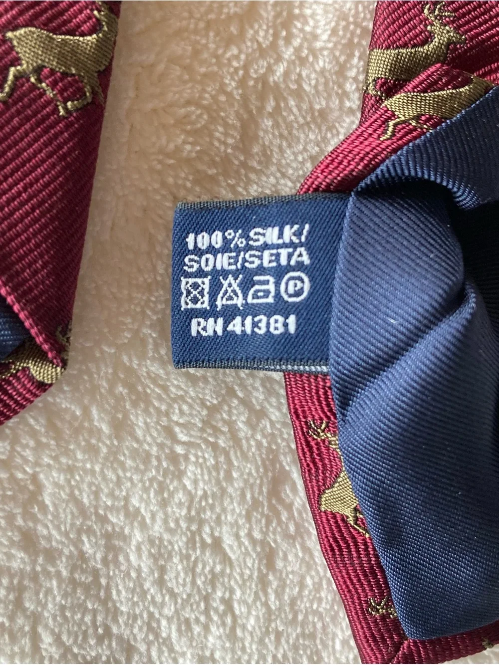 Vintage Polo Ralph Lauren Mens 100% Silk Tie Burgundy/Gold Deer Print Logo Italy